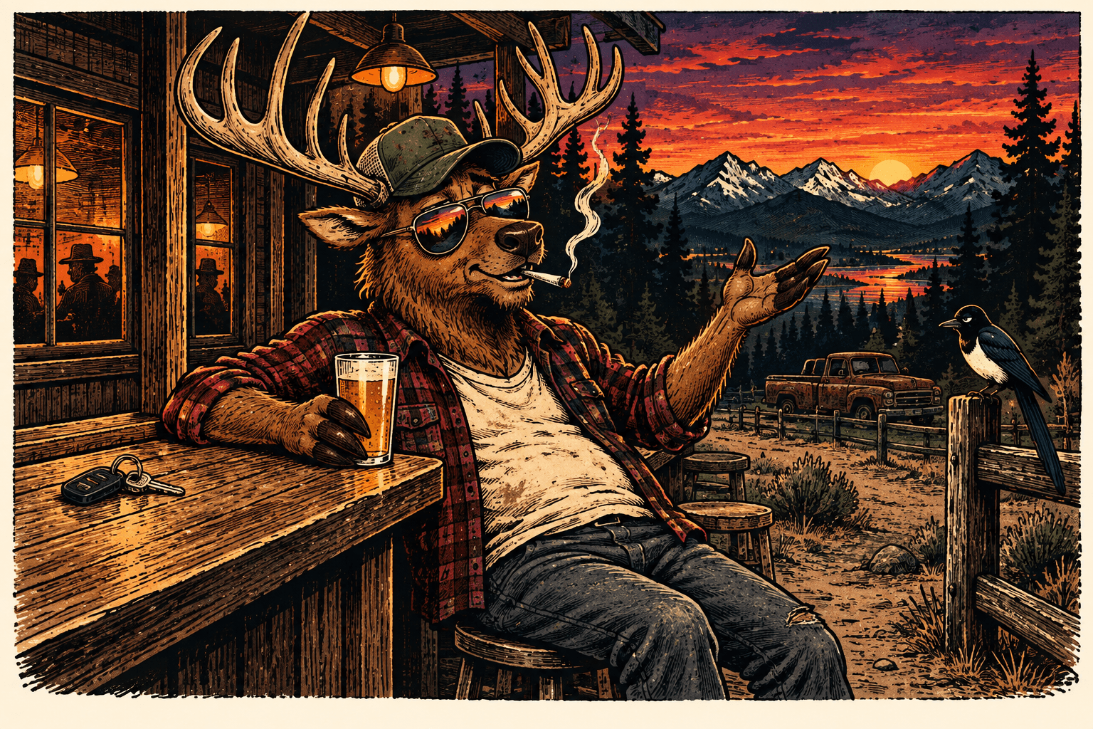Fictional adult elk Last Call Larry pontificates outside an imaginary tavern, holding a beer with a joint at his mouth; his keys remain on the counter.