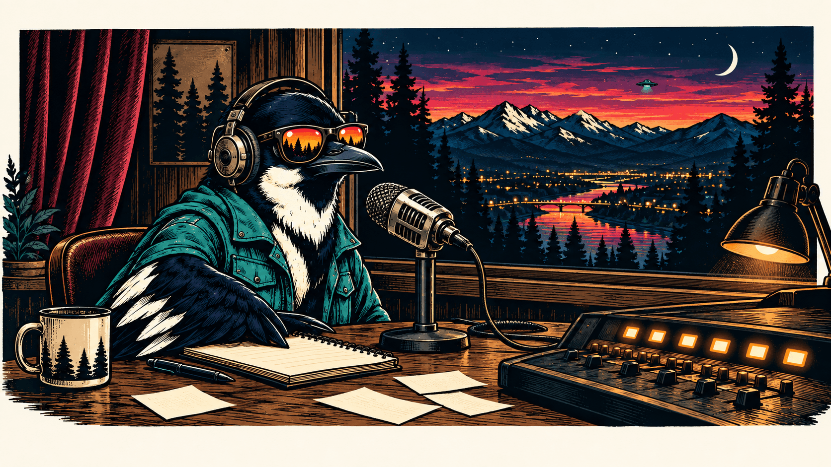 A fictional magpie host at a radio desk overlooking Missoula at sunset.