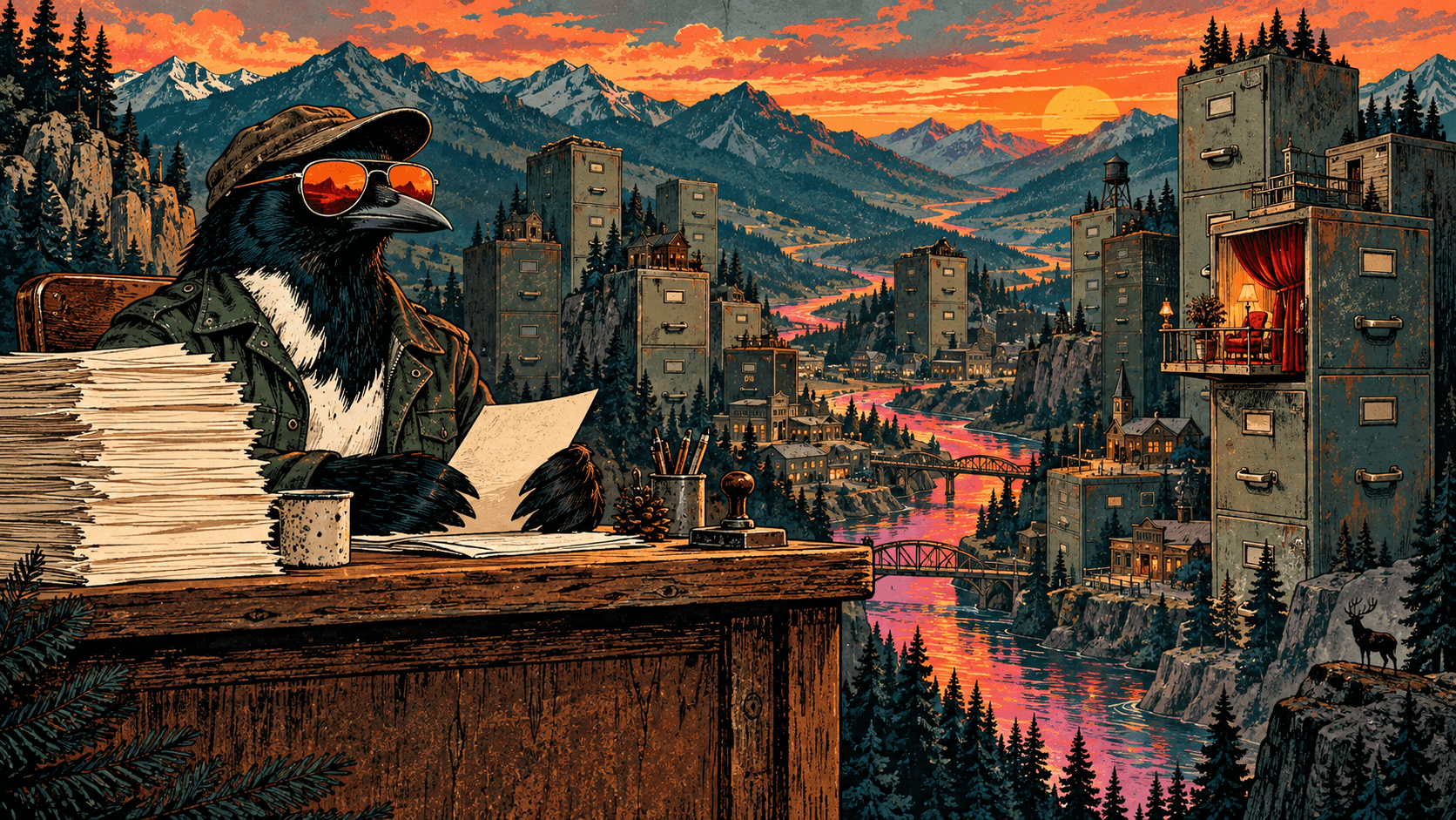The fictional Night Clerk sorts papers above an impossible valley of filing cabinets.
